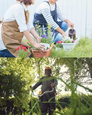Zwei Personen pflanzen bunte Blumen; im unteren Bildabschnitt schneidet ein Gartenarbeiter.