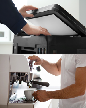 Zwei Bildabschnitte: Im oberen hebt eine Person den Deckel eines Kopierers; im unteren bedient eine Person eine Espressomaschine.